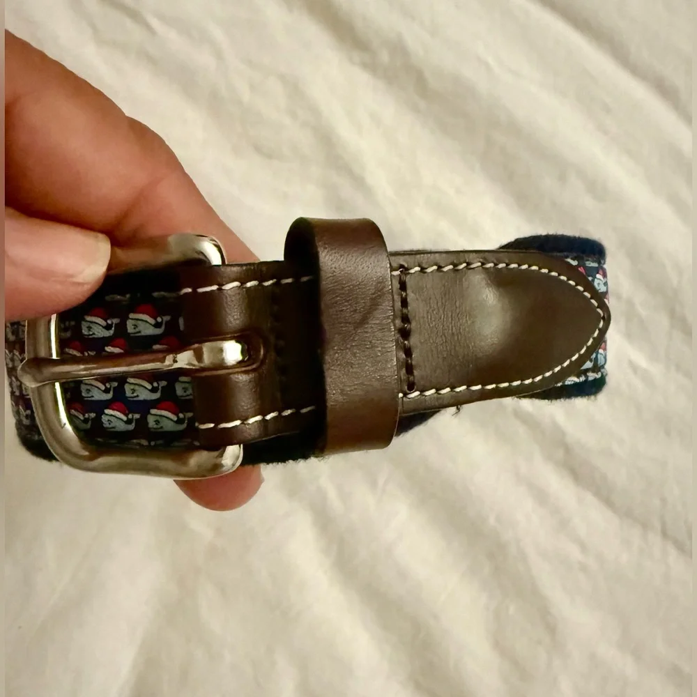 Vineyard Vines Santa Whale Belt Boys Blue Canvas Brown Leather Santa Hat Size 28